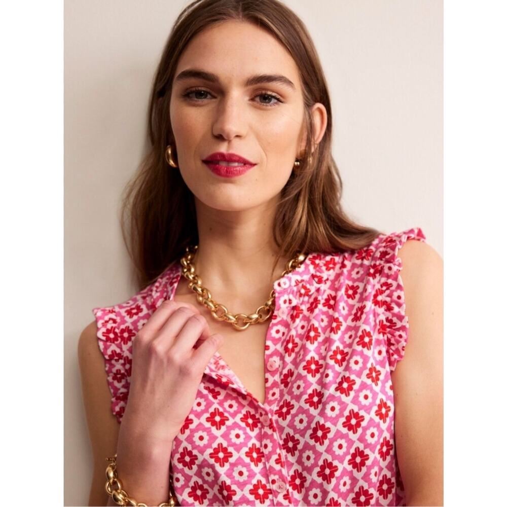 Boden Olive Sleeveless Pink Floral Tile Print Cotton Blouse US 4